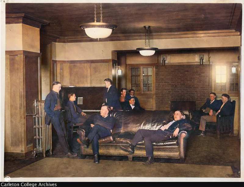 COLORIZED: Men's Dormitory / West Hall interior: lobby, with eleven men