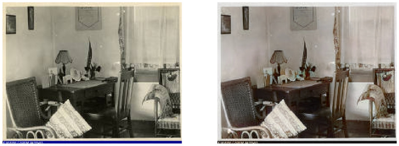 COLORIZED: Student Room (New Women's Dormitory, Gridley, Skinner), viewed from Nourse Hall interior