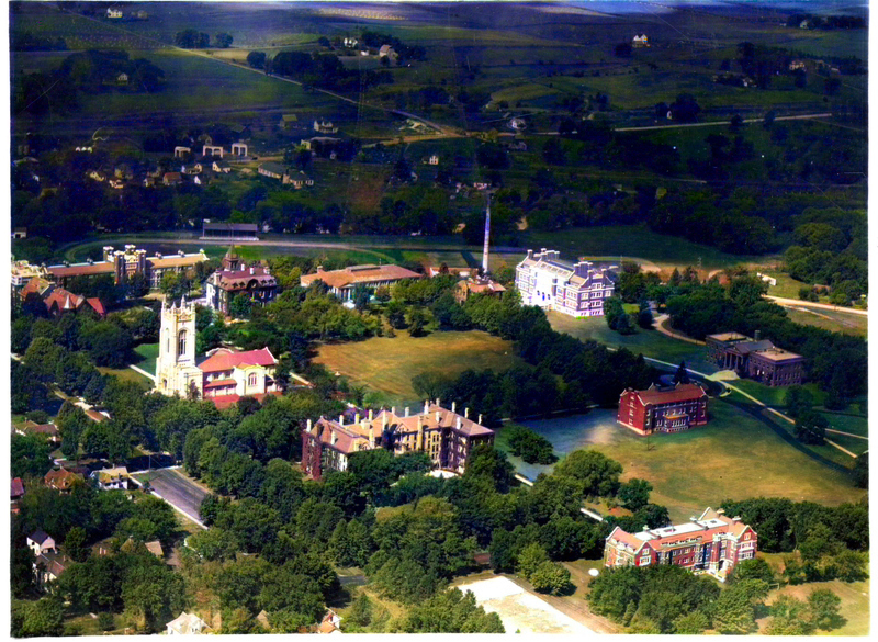 COLORIZED: Aerial view of campus, from the southeast