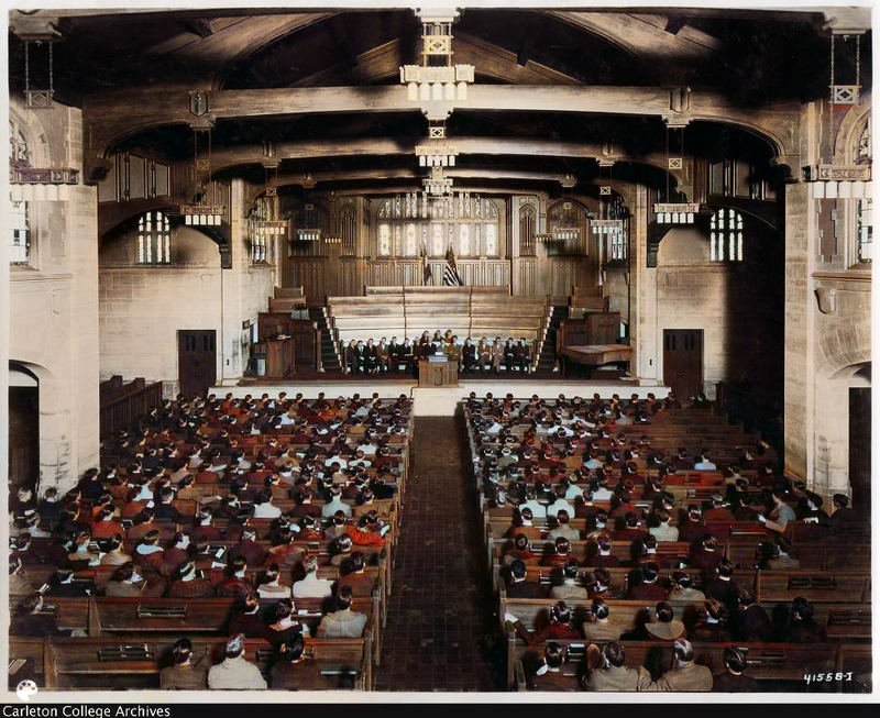 COLORIZED: 	<br /><br />
Interior of the chapel during a meeting of the men students