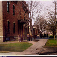 A typical campus scene before Willis Hall - showing the Gymnasium - Leighton Hall in the distance